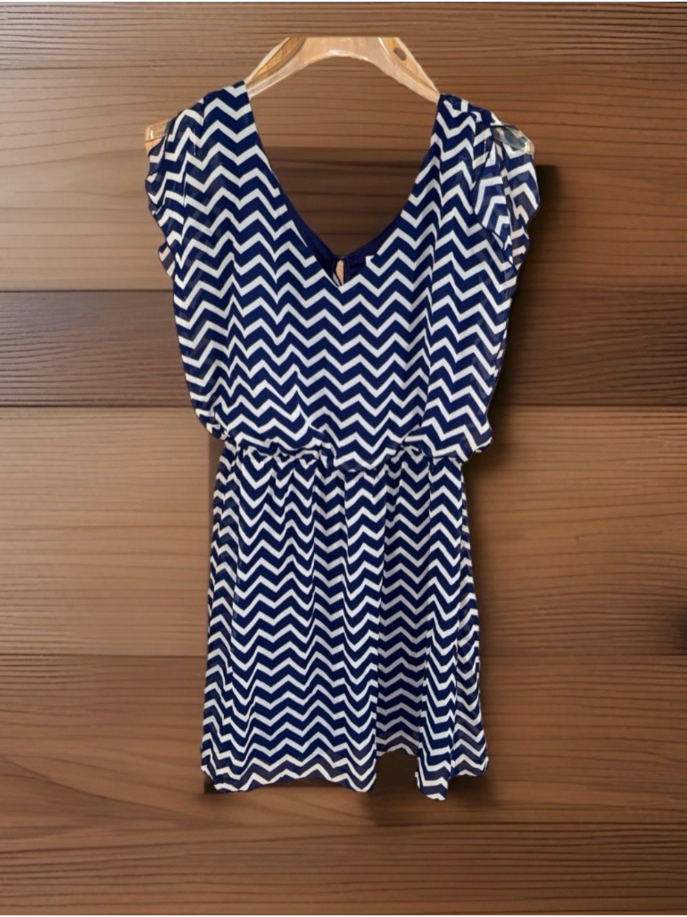 Speechless Royal Blue & White V-Neck Mini Dress with Chevron Design - L - GC